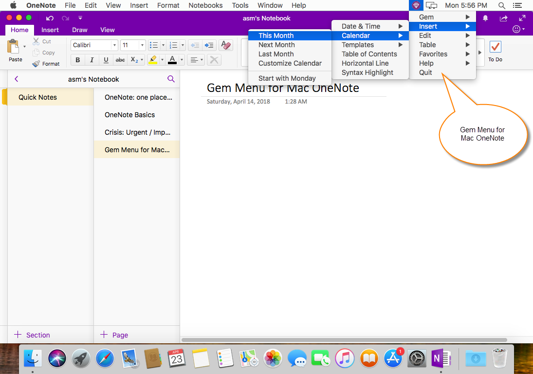 onenote for mac sections on left